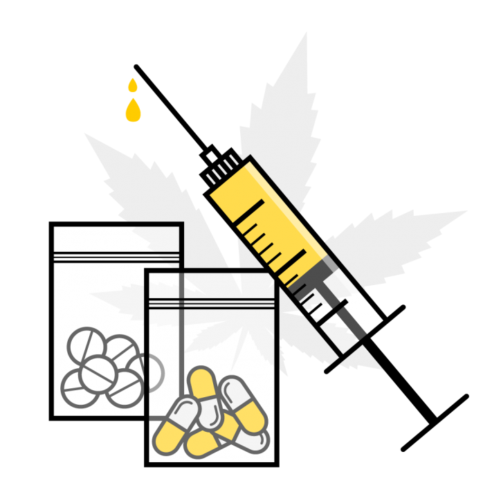 Drug trade illustration showing various types of narcotics